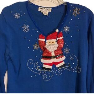 Jack B Quick Santa Long SleeveT-Shirt blue sequinned Christmas shirt size medium
